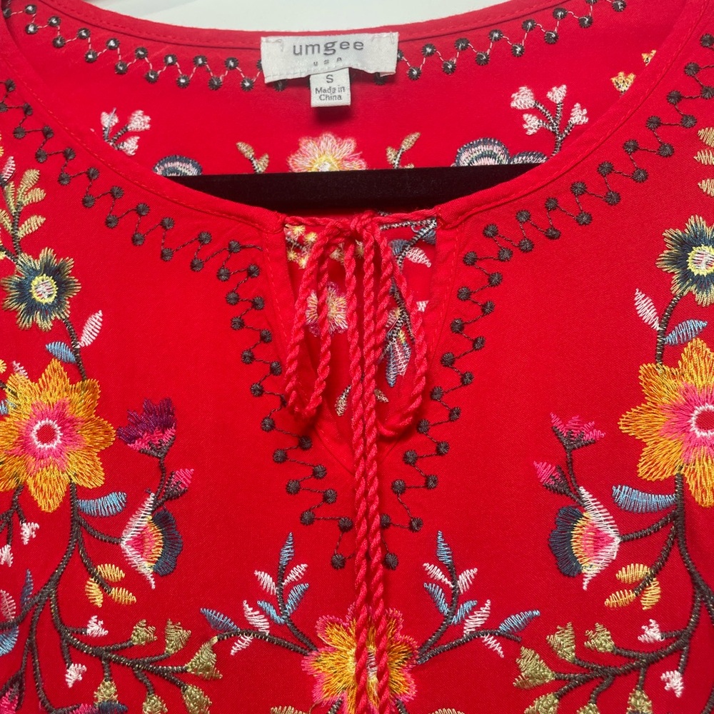Umgee Red Embroidered  Tunic Dress with Tassels - Picture 6 of 8